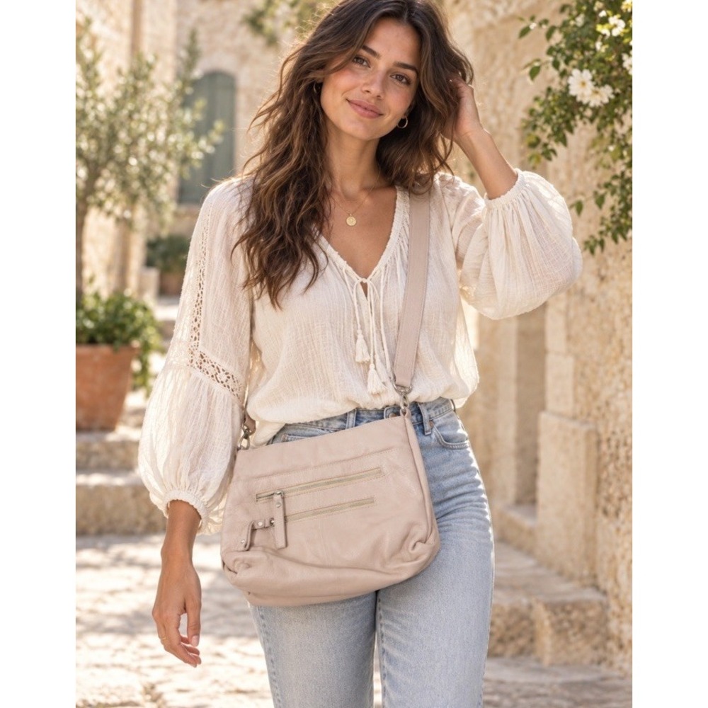 Great American Leather Works Shoulder Bag Beige Taupe Boho Travel Everyday MINT